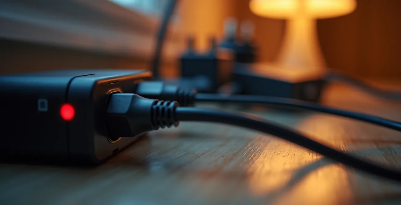 Gros plan sur des appareils électriques en veille dans une maison québécoise