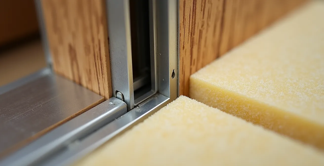 Application professionnelle et précise de mousse expansive à faible expansion autour d'un cadre de porte, avec des cales de protection en place.