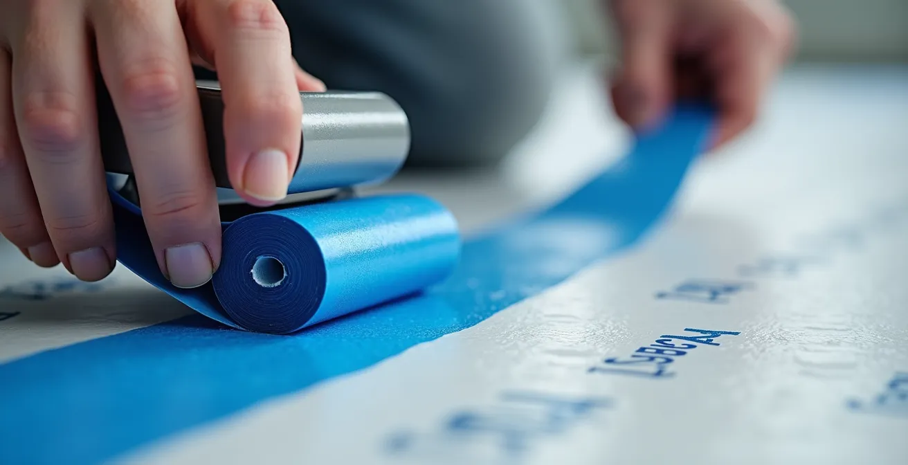 Application professionnelle du ruban adhésif Tuck Tape sur membrane pare-vapeur