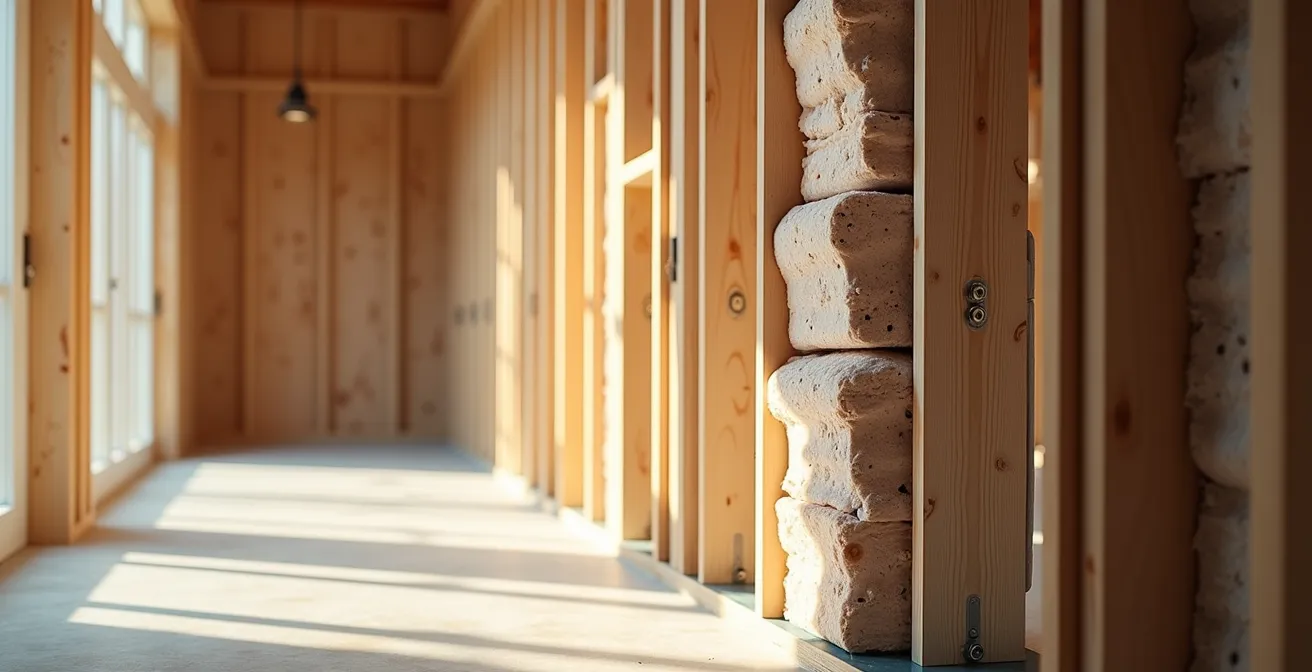 Coupe transversale d'un mur durable, montrant des couches séparées assemblées avec des vis pour un démontage facile.