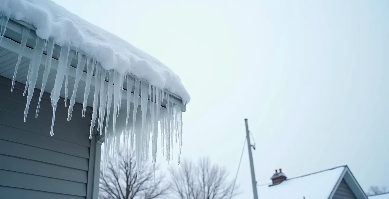 Vue en coupe d'un toit québécois montrant un barrage de glace et l'infiltration d'eau résultante