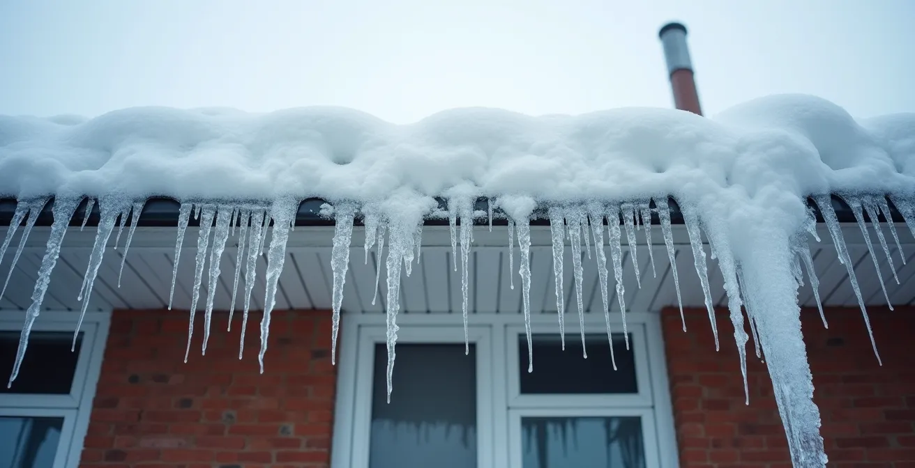 Vue d'un toit de maison québécoise montrant des barrages de glace caractéristiques aux avant-toits