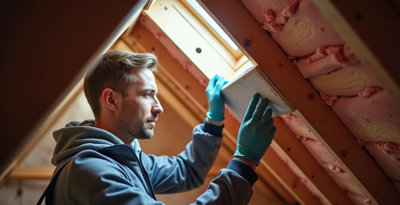 Installation d'une boîte isolante autour d'un spot lumineux dans un entretoit pour assurer l'étanchéité et la sécurité.