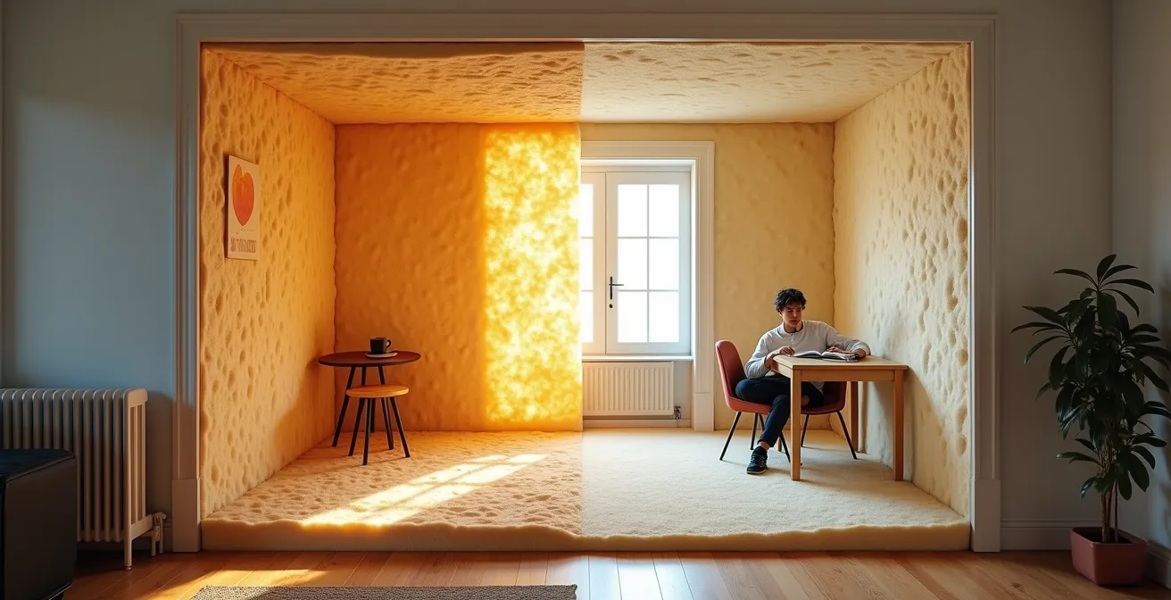 Vue en coupe comparative de deux murs mitoyens isolés avec laine de roche et laine de verre