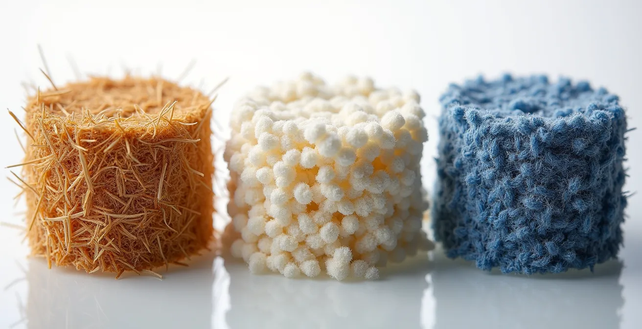 Échantillons d'isolants écologiques disposés côte à côte montrant leurs textures naturelles