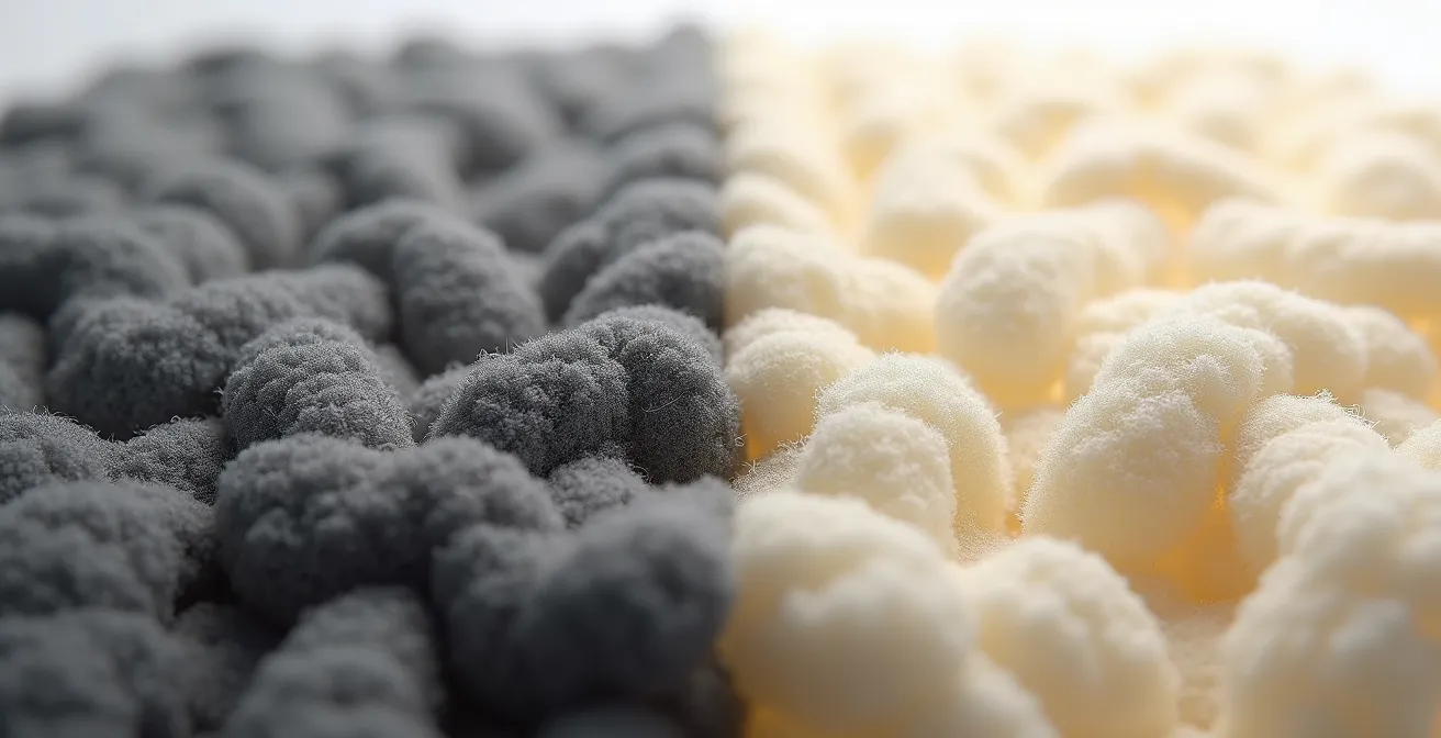 Gros plan comparatif de fibres de laine de roche et laine de verre côte à côte