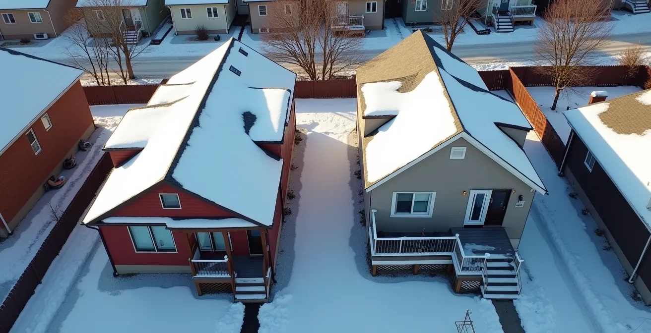 Vue aérienne de deux maisons jumelées québécoises montrant la différence de performance énergétique