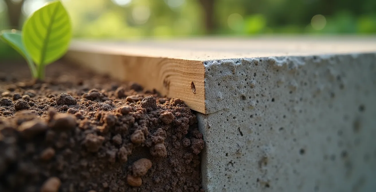 Coupe transversale d'une fondation montrant béton et structure bois avec racines d'arbre