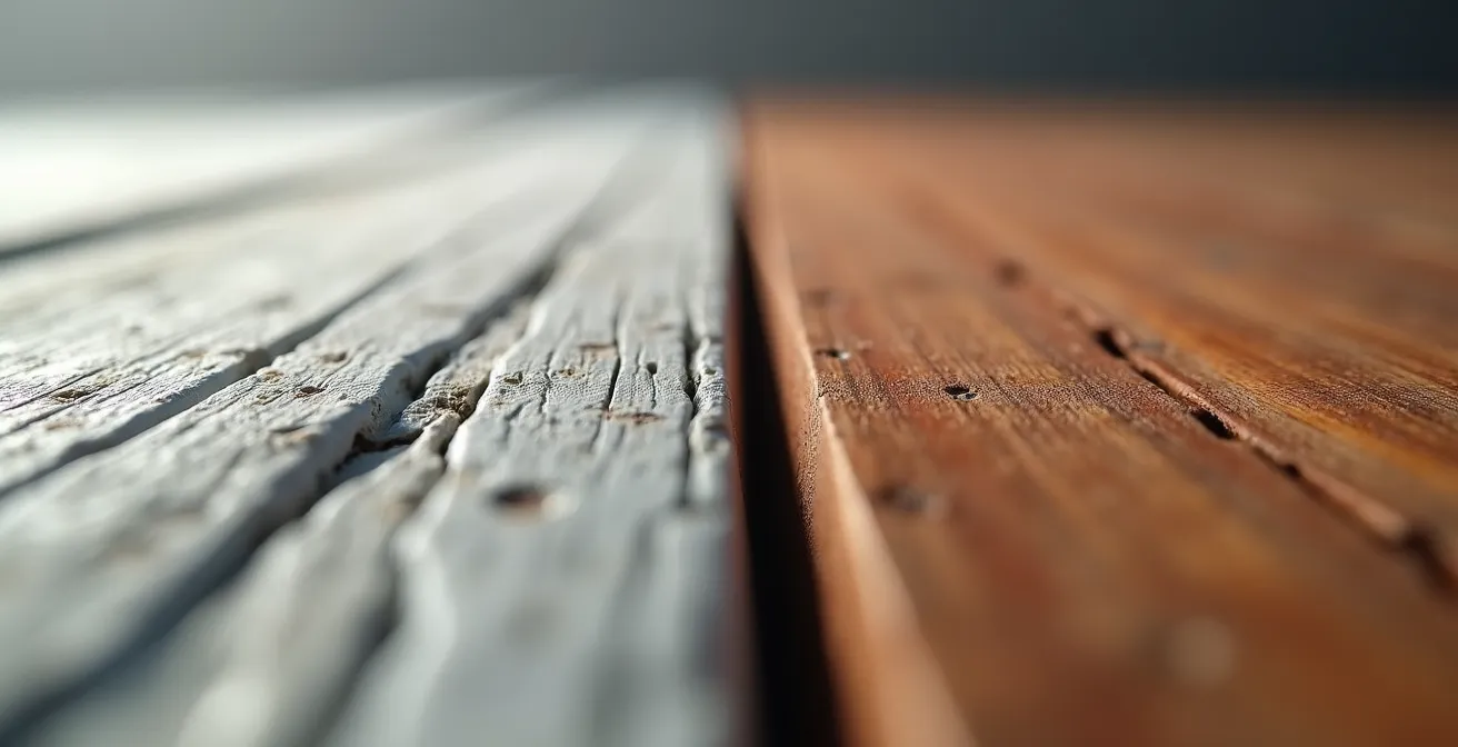 Gros plan sur deux échantillons de matériaux, l'un en vinyle dégradé et l'autre en bois québécois riche et durable.