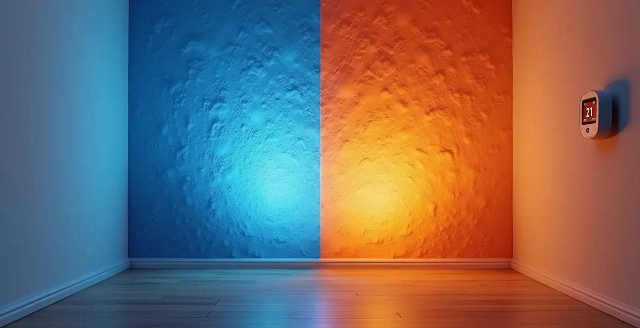 Vue thermographique comparative d'un mur isolé et non isolé dans une maison québécoise