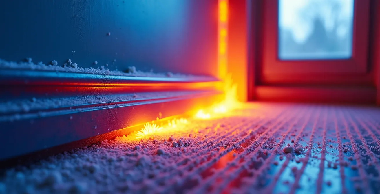 Image thermographique montrant la différence de diffusion de chaleur entre plinthe et convecteur dans une pièce québécoise