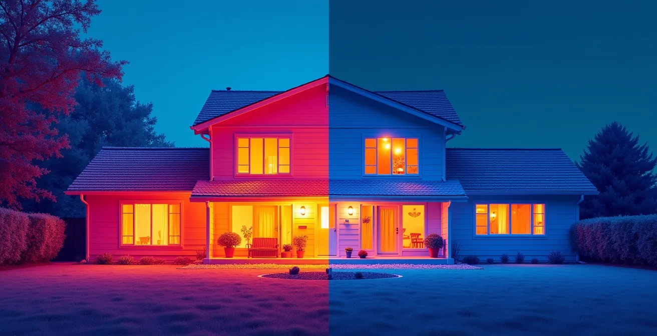 Image thermographique comparative montrant les pertes de chaleur d'une maison cotée 50 versus une maison cotée 80