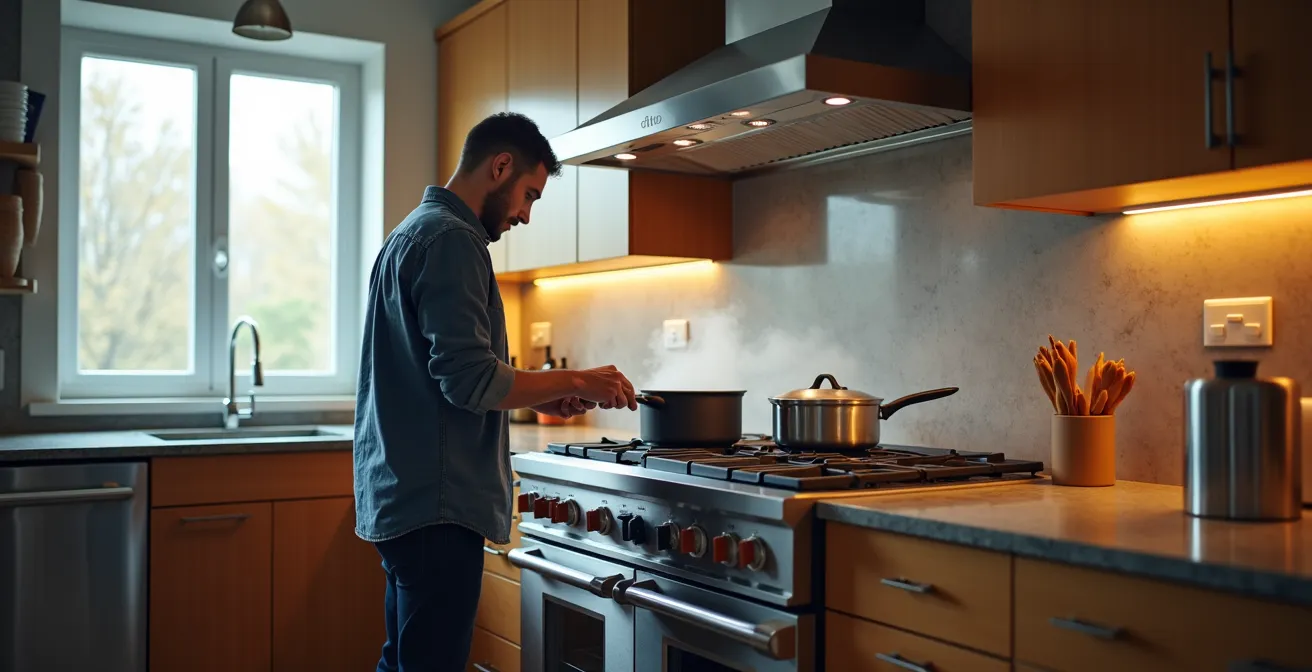 Cuisine moderne québécoise avec hotte professionnelle et système de ventilation équilibré
