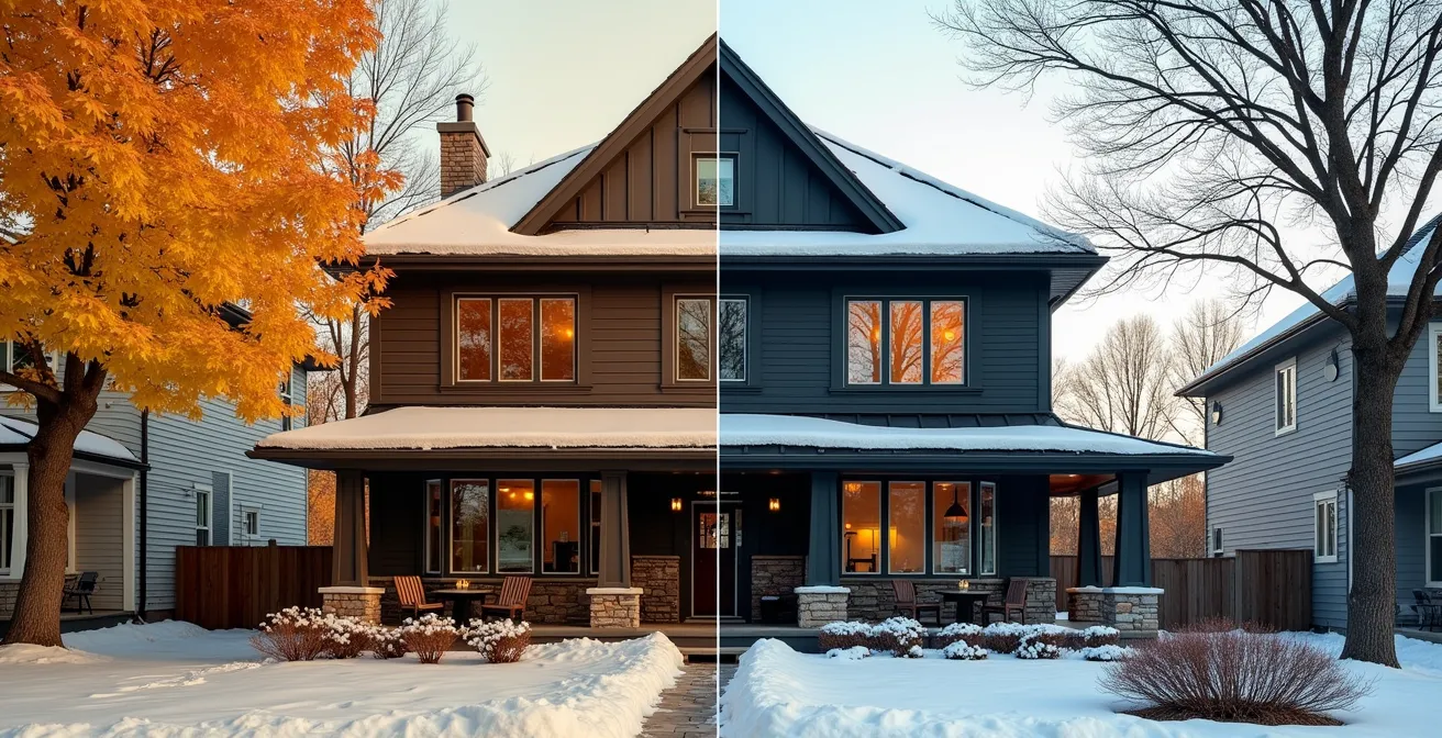 Vue extérieure d'une maison québécoise montrant le débord de toit calculé pour l'ombrage estival et la pénétration solaire hivernale