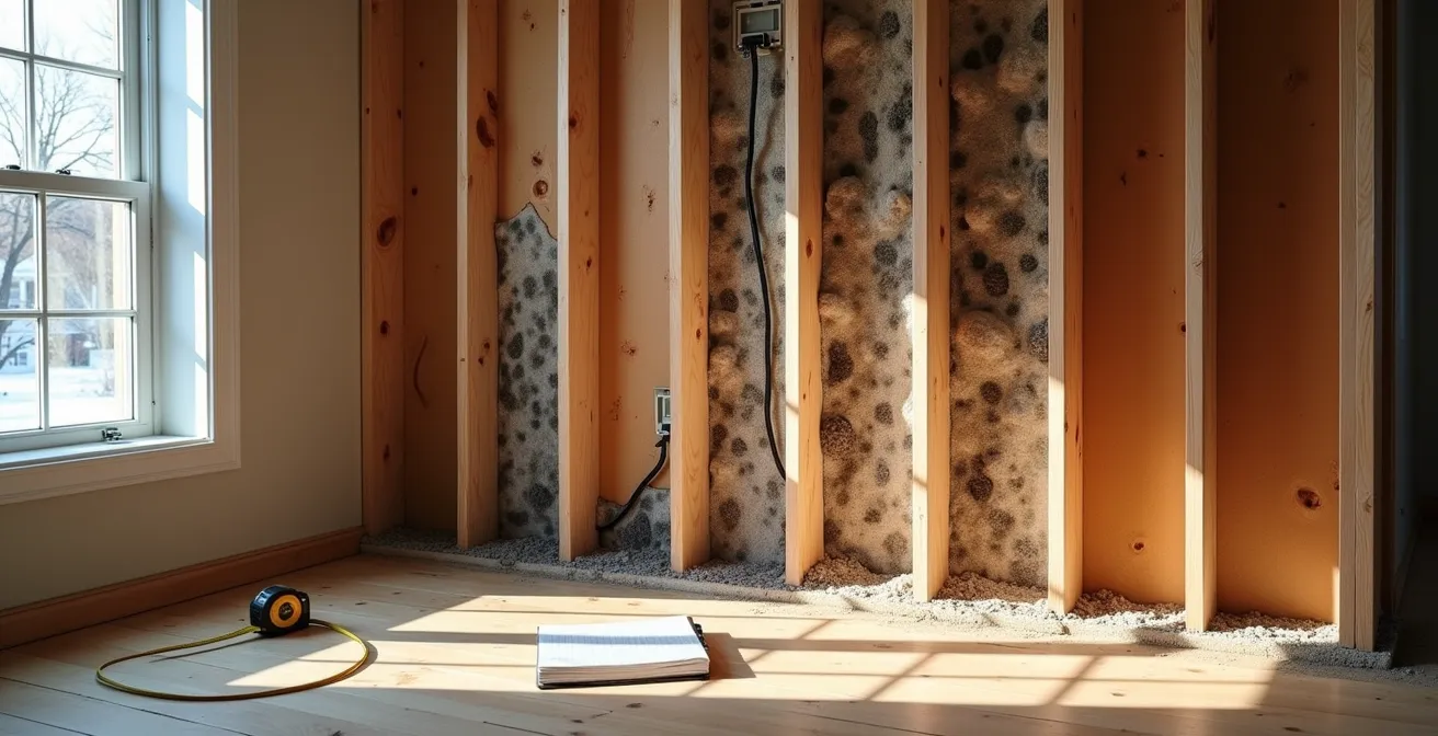 Vue grand angle d'un mur ouvert révélant des problèmes d'isolation et de structure