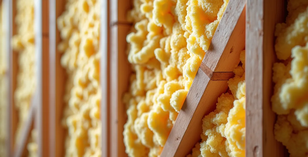 Vue macro d'un mur révélant les défauts d'isolation à la cellulose soufflée