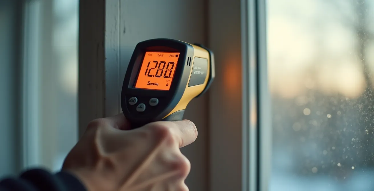 Professionnel utilisant un thermomètre laser pour détecter les zones froides sur un mur intérieur