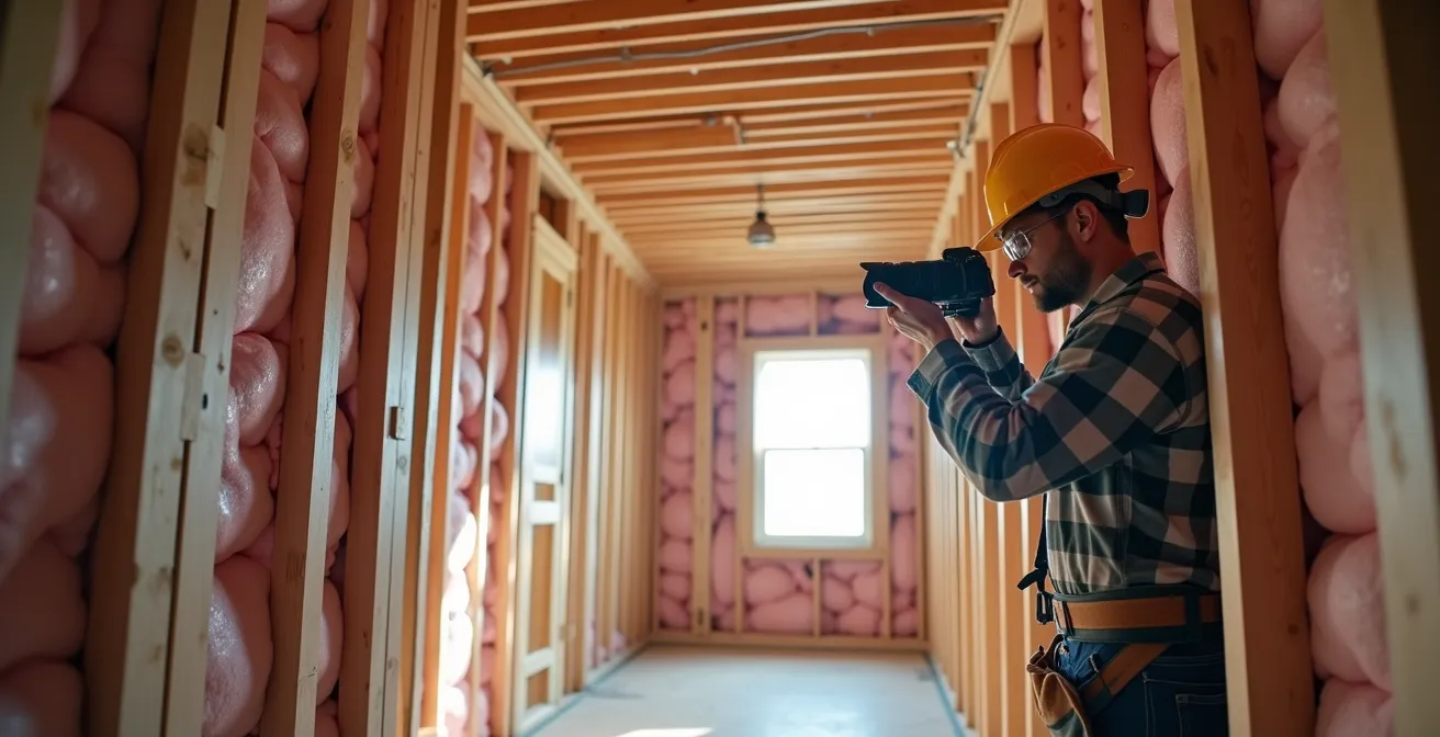 Photographe documentant l'isolation et les systèmes mécaniques avant la pose du gypse sur un chantier LEED