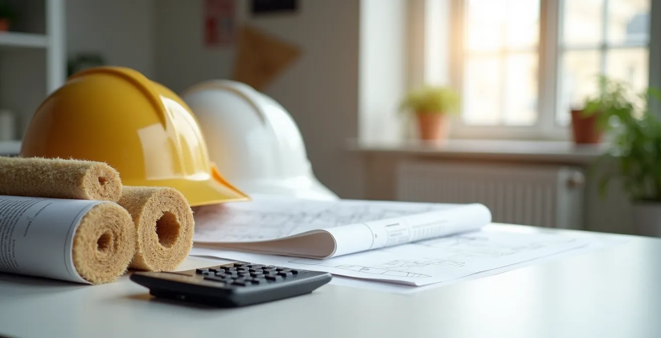 Bureau avec documents de rénovation et échantillons d'isolants disposés professionnellement