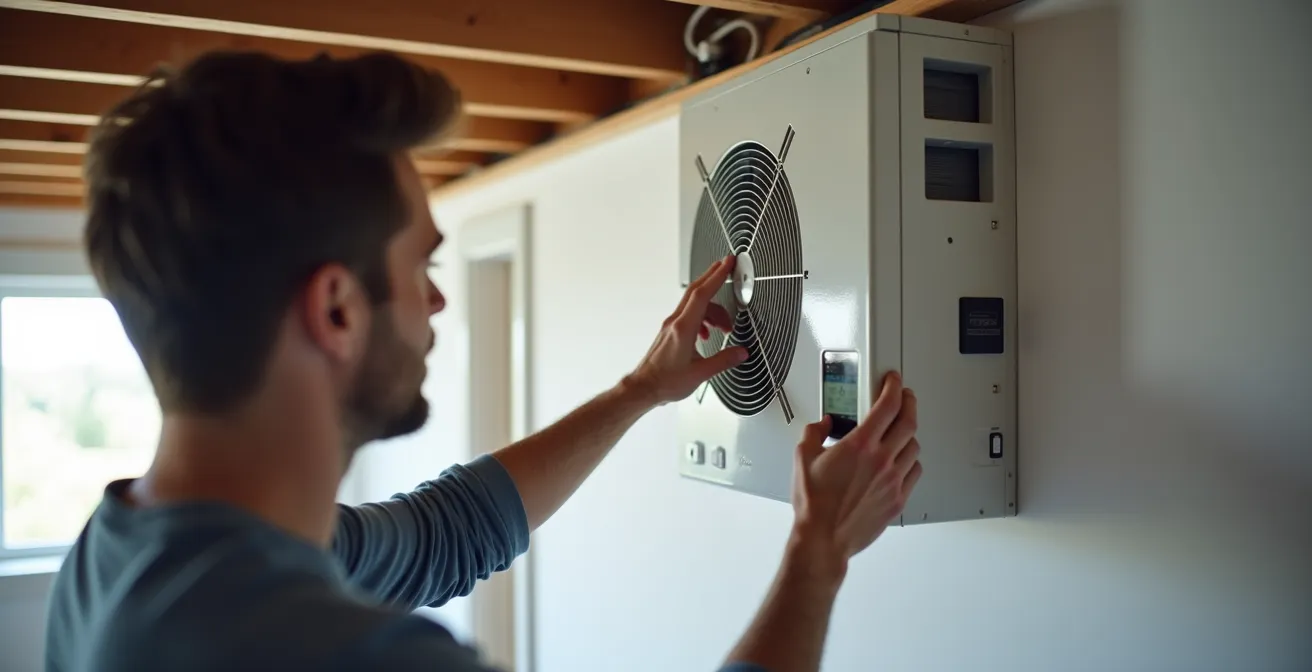 Vue d'un système VRC installé dans un sous-sol québécois avec conduits de ventilation