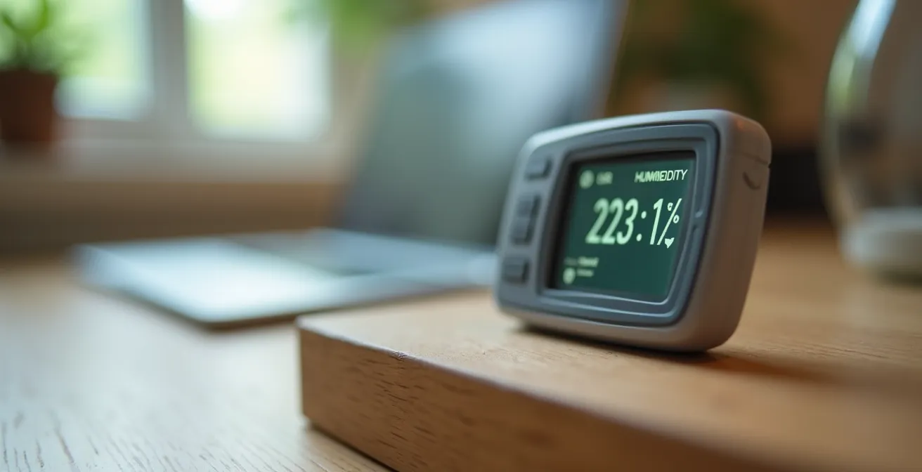 Gros plan sur un hygromètre numérique affichant le taux d'humidité dans une maison québécoise en hiver