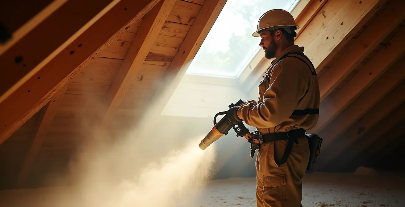 Installation de cellulose soufflée dans un grenier avec équipement professionnel
