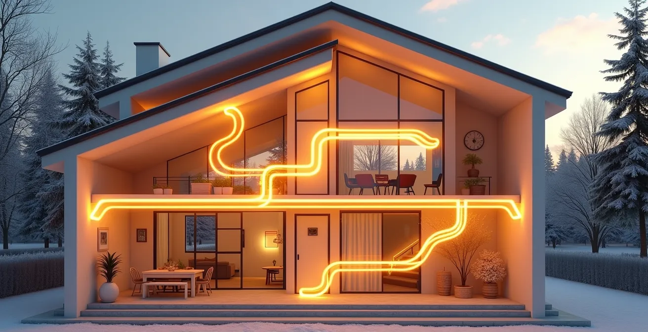 Vue en coupe d'une maison montrant la circulation optimale de l'air chaud depuis une thermopompe murale