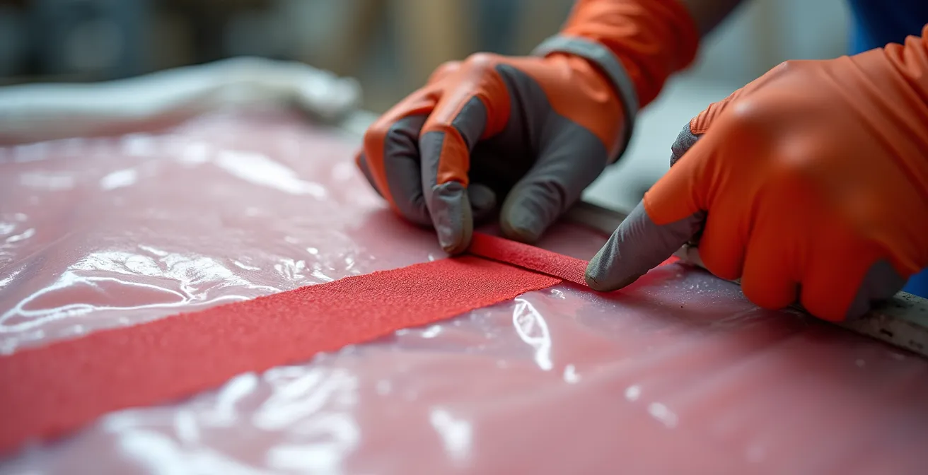 Technicien installant minutieusement un pare-vapeur autour d'une boîte électrique