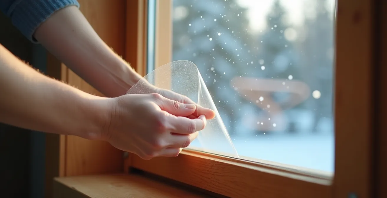 Mains appliquant une pellicule transparente sur le cadre d'une fenêtre avec ruban adhésif