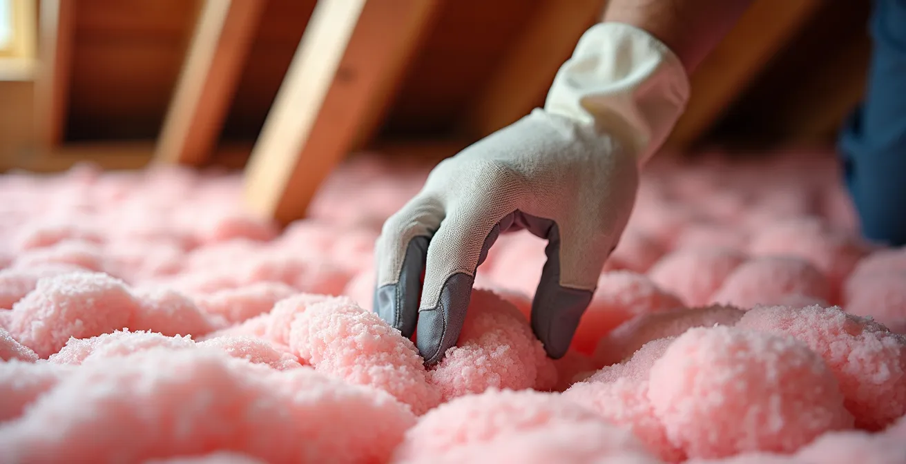 Vue macro de l'installation d'isolant dans un grenier avec texture visible
