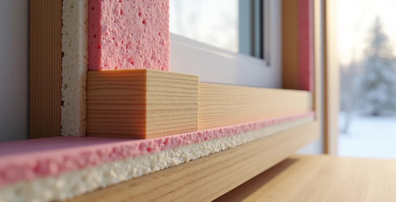 Vue en coupe d'un linteau de fenêtre avec différentes couches d'isolation