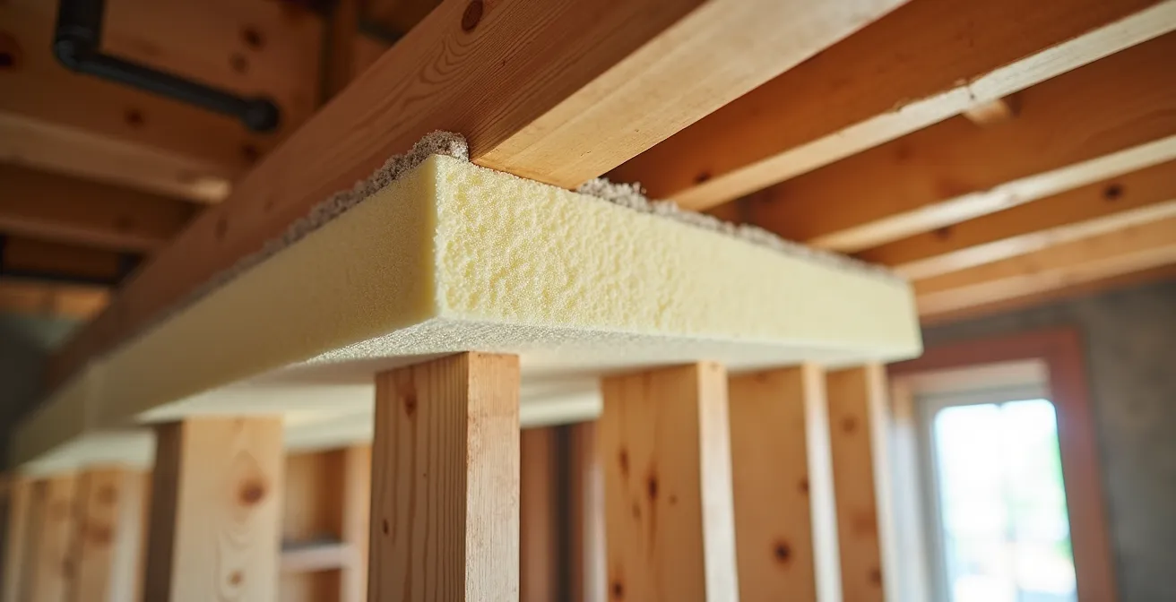 Vue détaillée de l'isolation d'une solive de rive avec panneaux de polystyrène dans un sous-sol