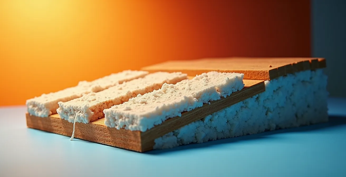 Vue en coupe d'un entretoit isolé montrant le déphasage thermique en période estivale