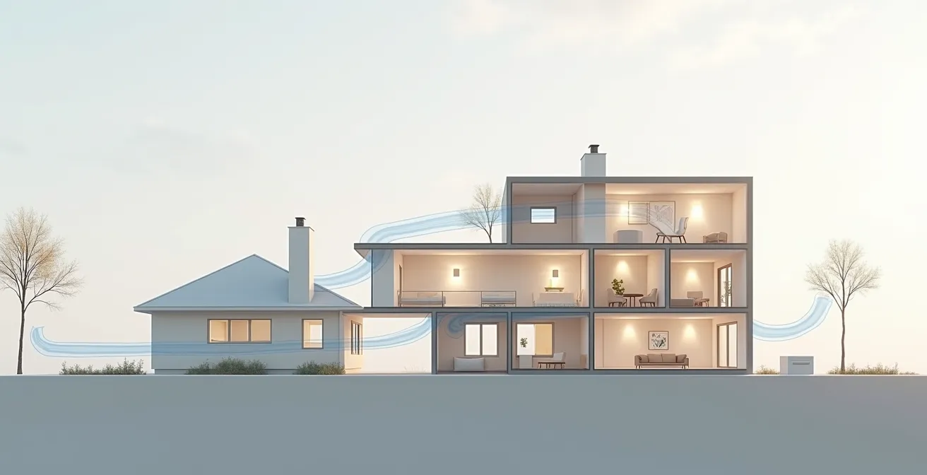 Vue en coupe d'une maison québécoise montrant les flux d'air de ventilation