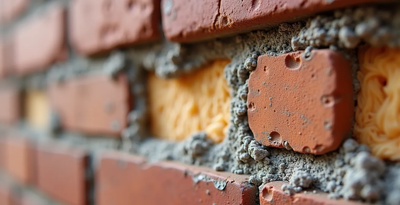 Coupe transversale d'un mur de briques centenaire montrant l'assemblage avec isolant et lame d'air