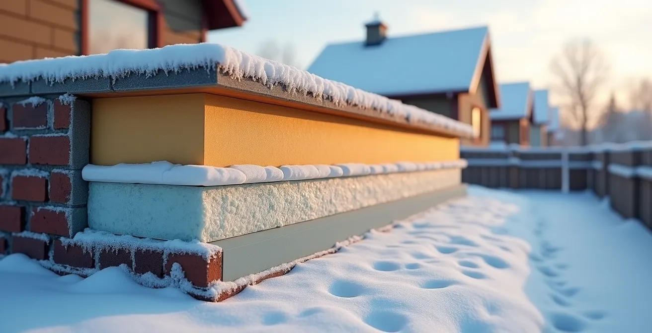 Coupe transversale d'un mur montrant le déplacement du point de rosée avec une isolation extérieure et intérieure.