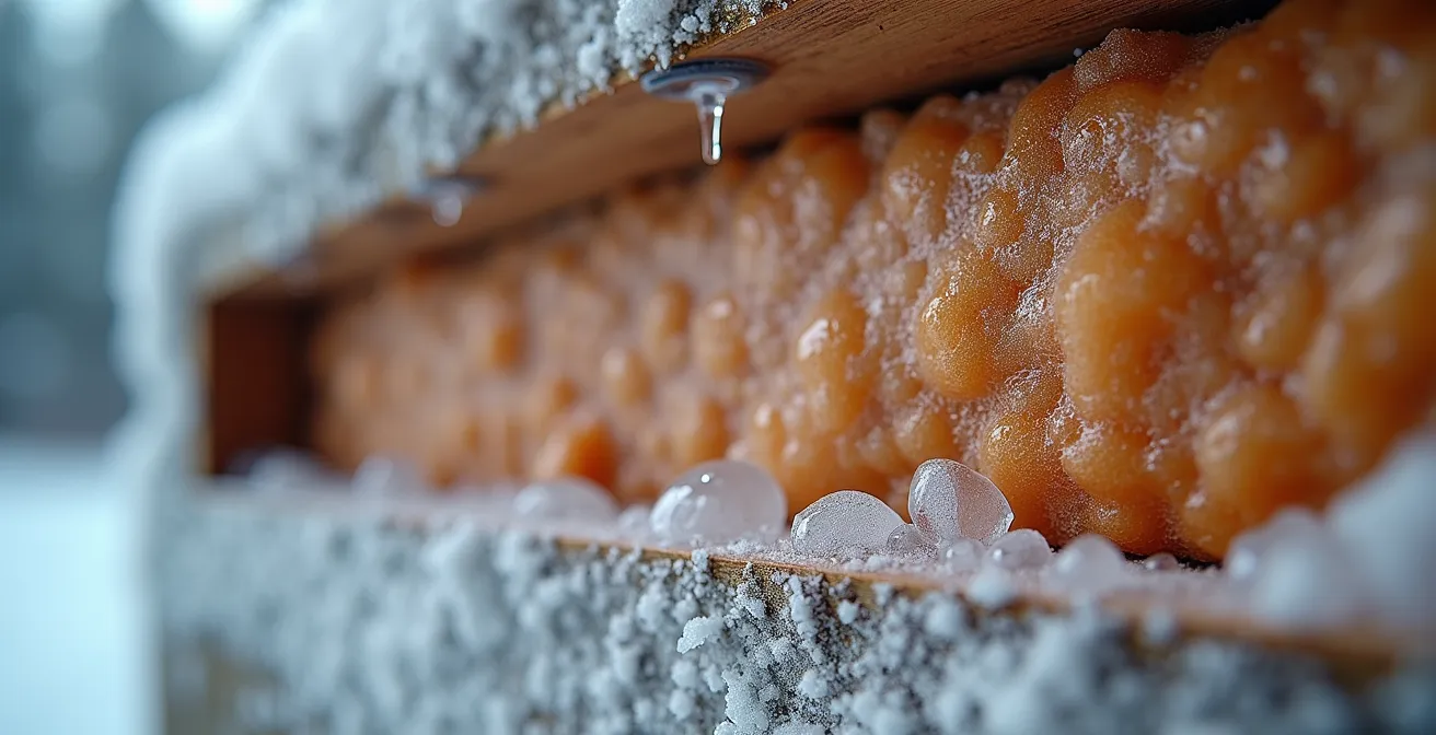 Coupe d'un mur montrant la formation de condensation au point de rosée en conditions hivernales québécoises