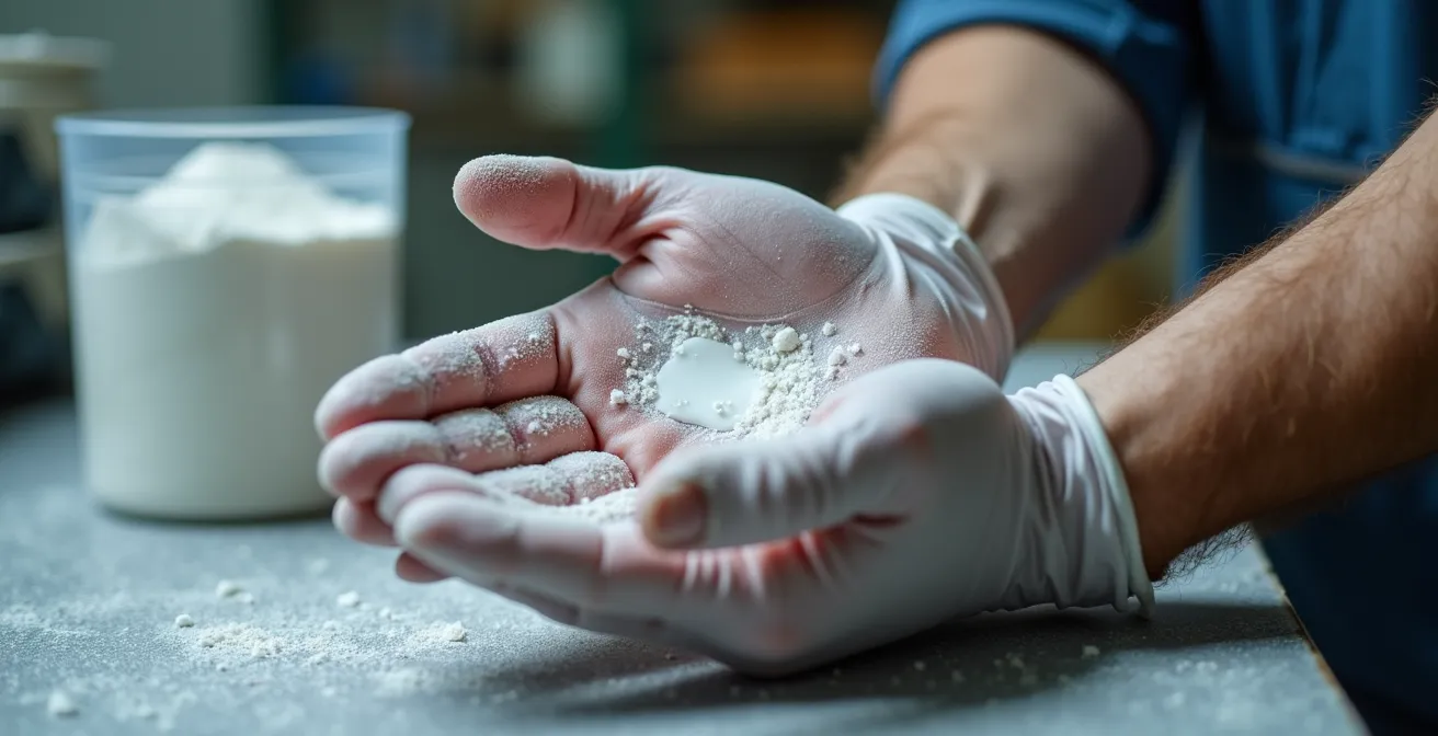 Application de crème barrière sur les mains avant travaux d'isolation