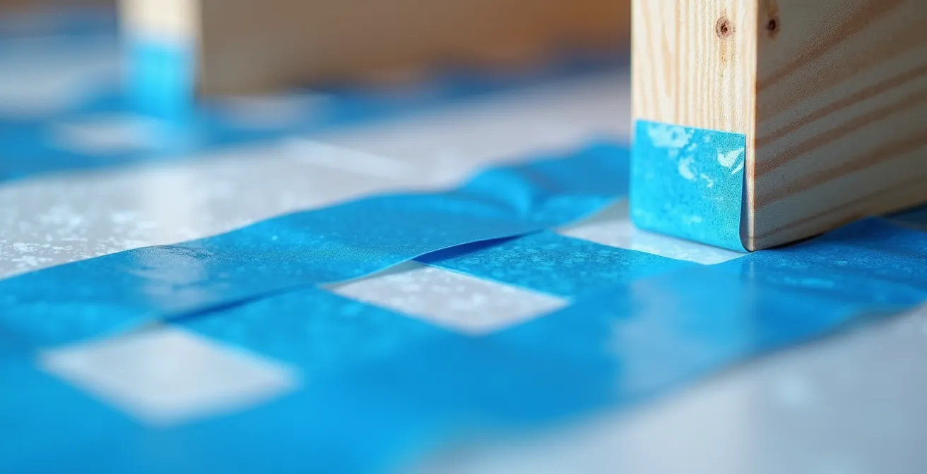 Vue rapprochée d'une réparation de pare-vapeur avec rustine et ruban bleu sur structure murale