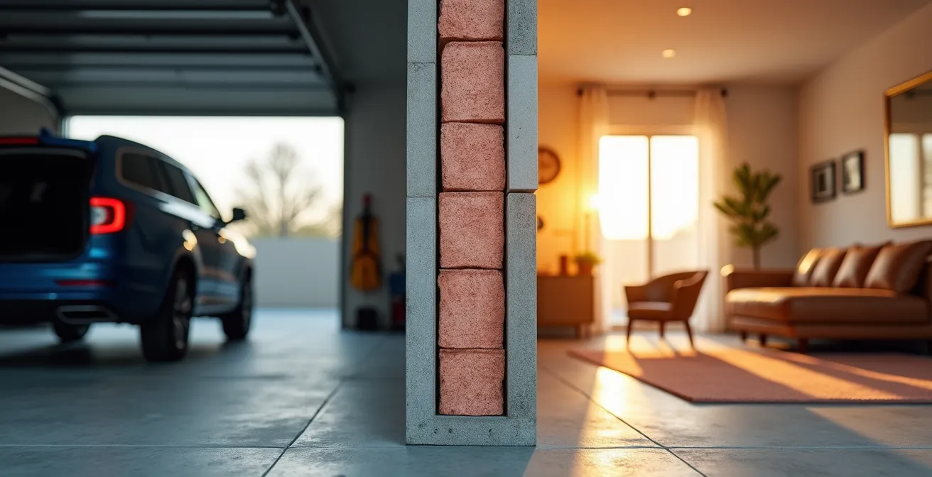 Vue en coupe d'un mur coupe-feu entre garage et habitation avec isolation et gypse Type X