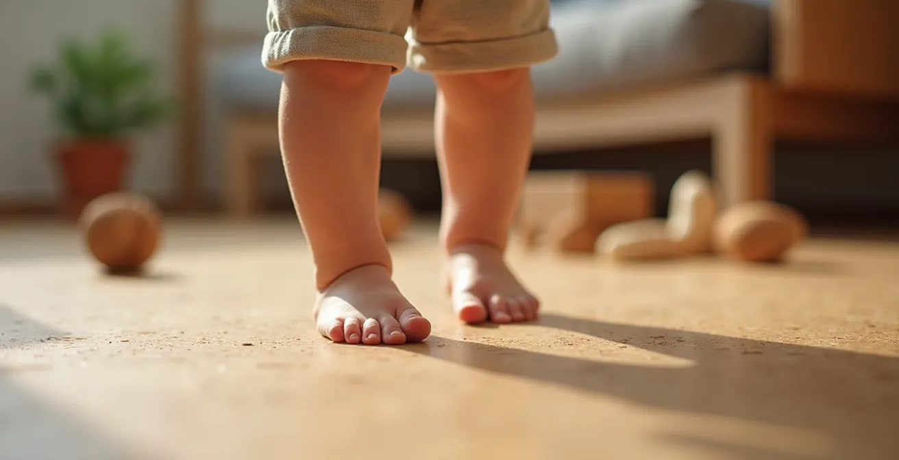 Sol en liège naturel dans une chambre de bébé avec jouets en bois