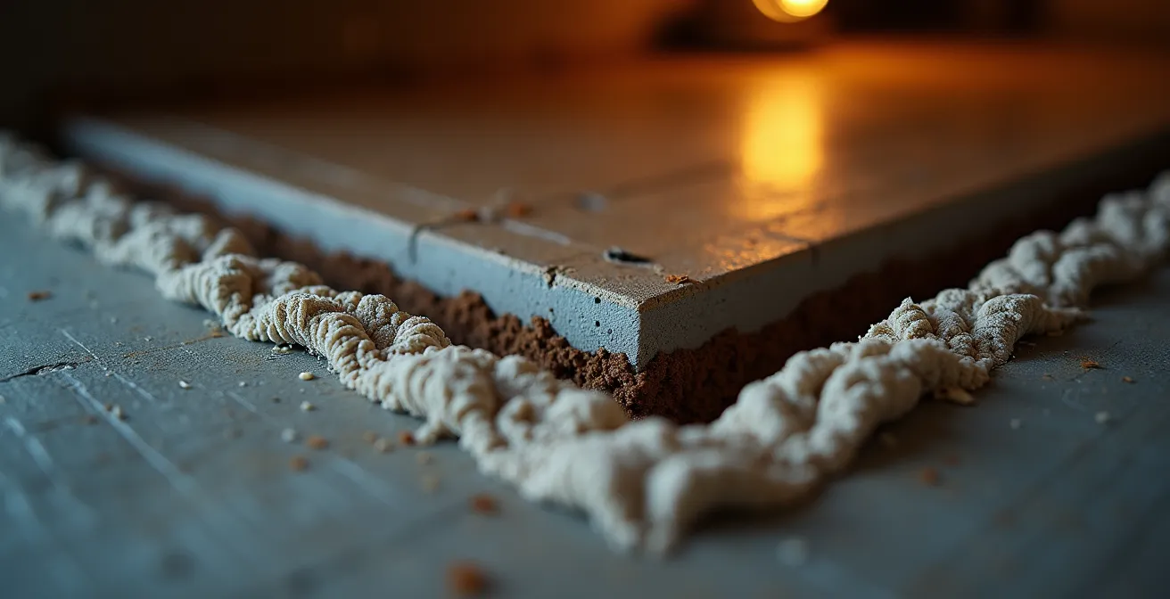 Détail technique d'une solive de rive dans un sous-sol québécois montrant les infiltrations d'air