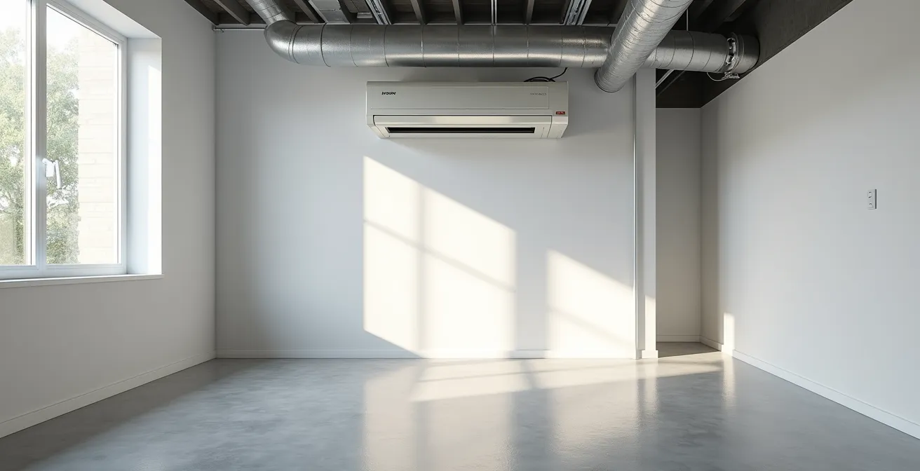 Vue large d'un sous-sol avec système VRC installé et pare-vapeur visible sur les murs