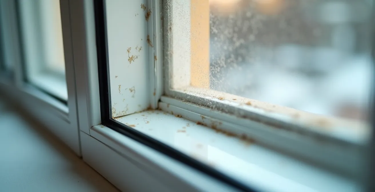 Détail technique de l'installation d'une membrane autoadhésive formant un pli en papillon au coin d'une fenêtre