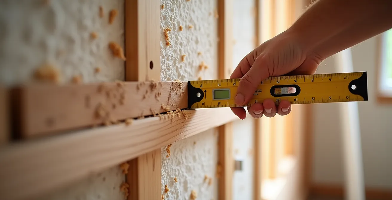 Technique de strapping avec fourrures de bois pour redresser un mur croche avant l'isolation