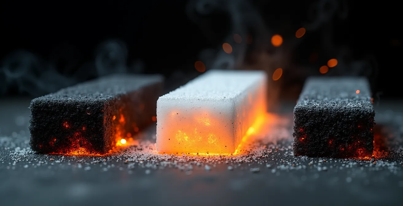 Test au chalumeau montrant trois échantillons d'isolants avec différentes réactions à la chaleur