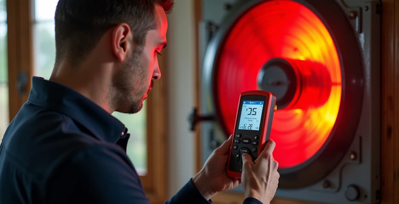 Test d'infiltrométrie en cours dans une maison québécoise avec équipement de mesure et zones de fuite d'air visibles