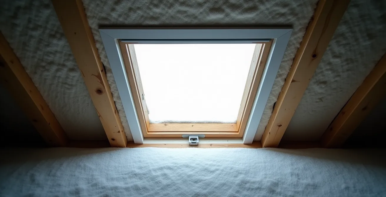 Vue en contre-plongée d'une trappe de grenier avec caisson isolant installé