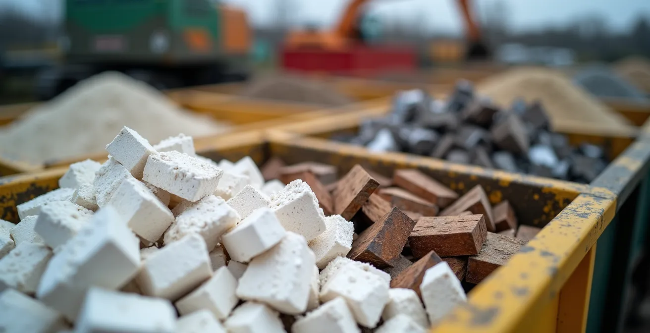 Conteneurs de tri séparés pour gypse, bois et métaux sur un chantier de construction LEED au Québec