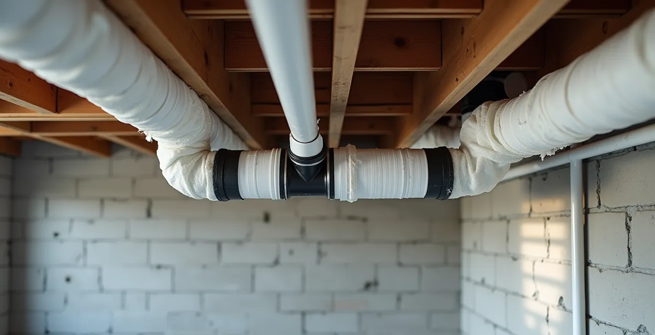 Tuyaux de drainage enveloppés de membrane acoustique et isolant dans un plafond de sous-sol